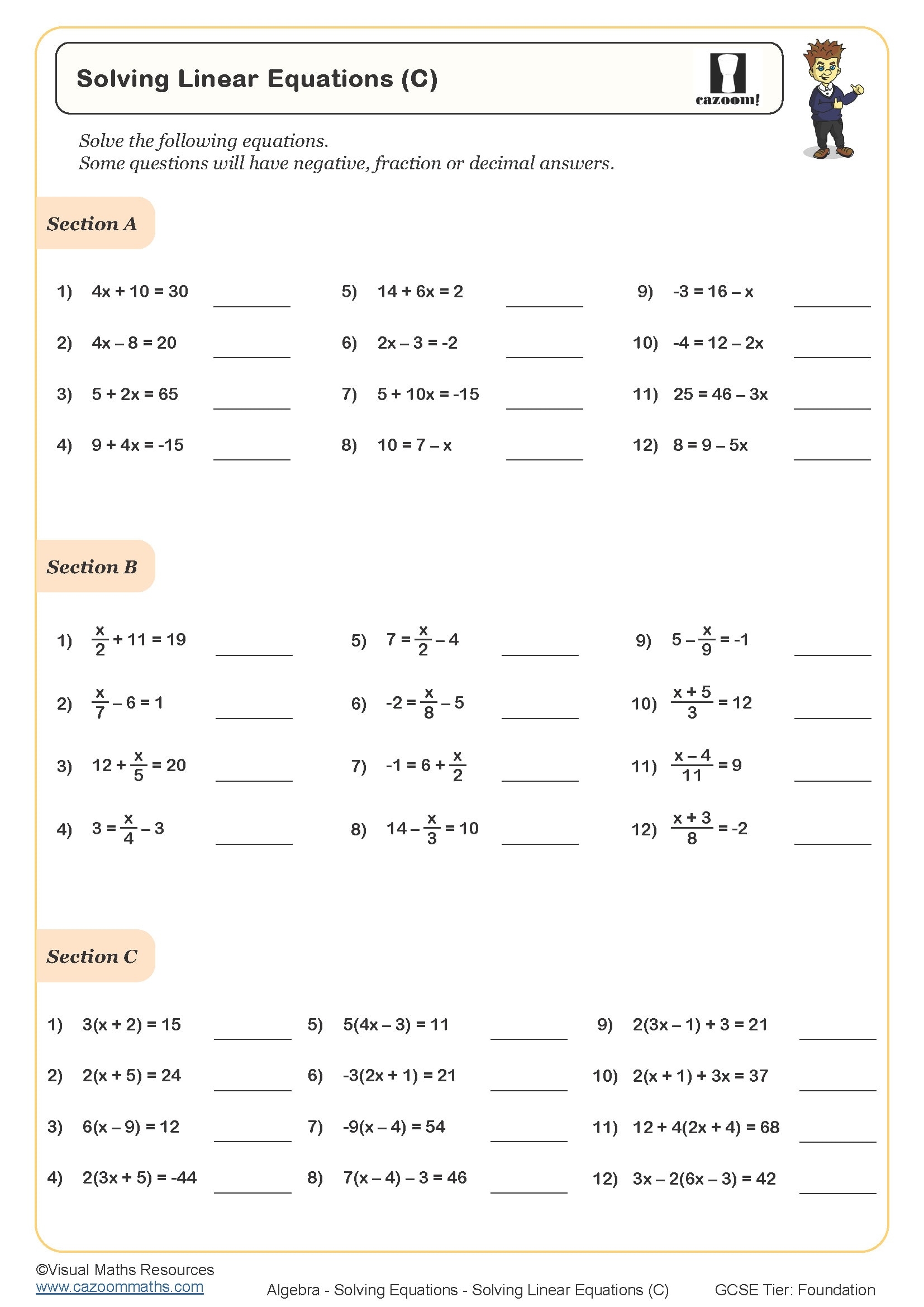 Solving Linear Equations C Worksheet Printable Maths Worksheets
