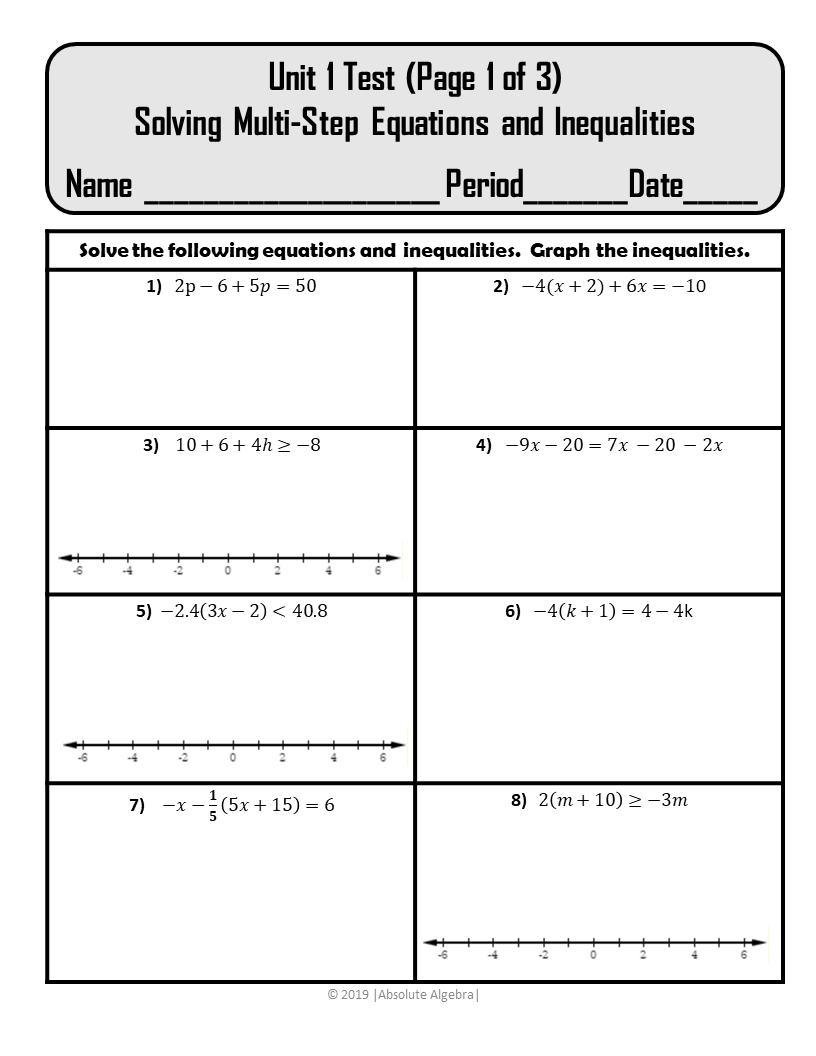 Solving Multi Step Equations And Inequalities Quiz Review Test Editable U1 Absolute Algebra