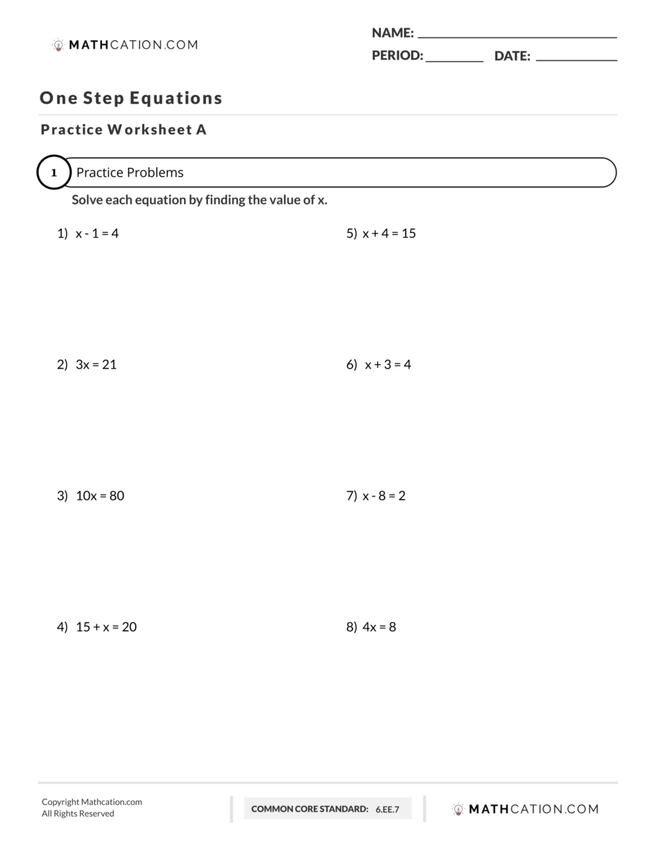 Solving One Step Equations Worksheet Examples Explanation