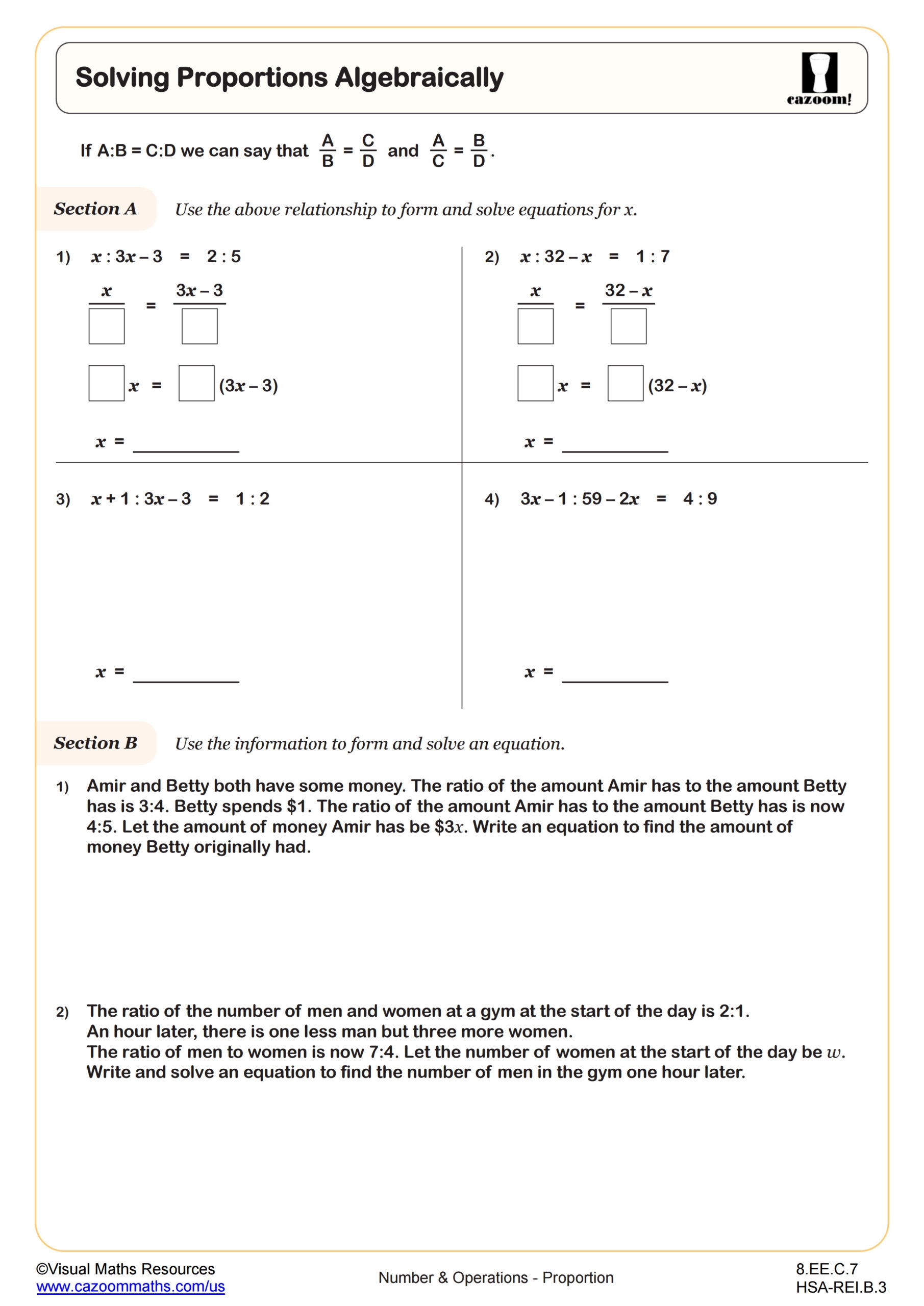Solving Proportions Algebraically Worksheet 8th Grade PDF Worksheets Cazoom Math