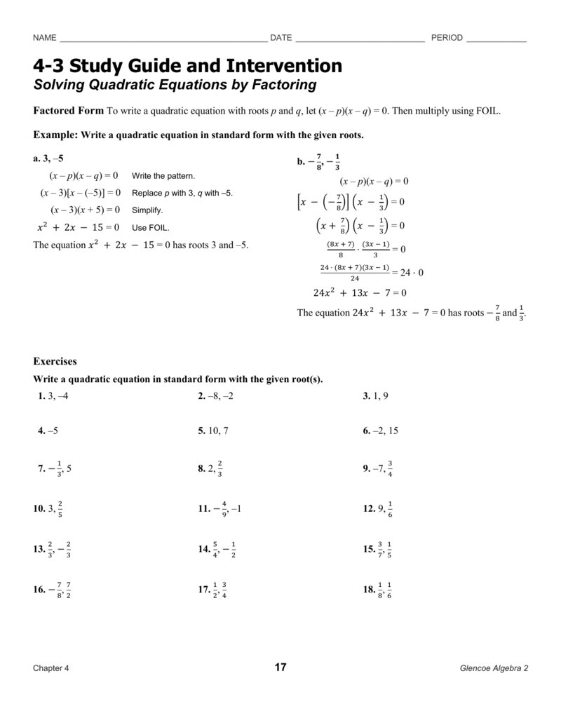 solving quadratic equations by factoring worksheet