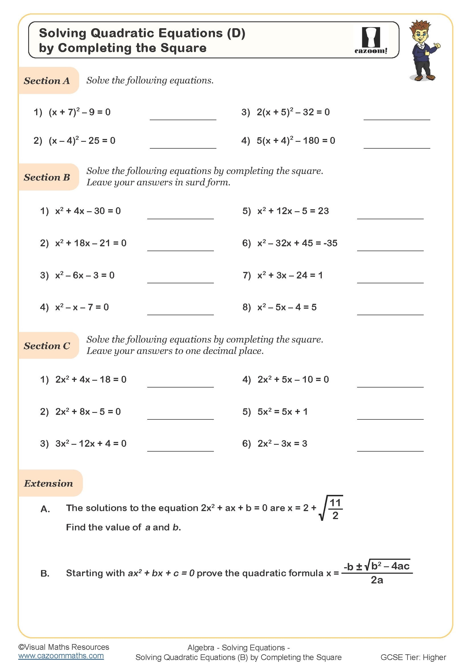 Solving Quadratic Equations D by Completing The Square Worksheet Cazoom Maths Worksheets