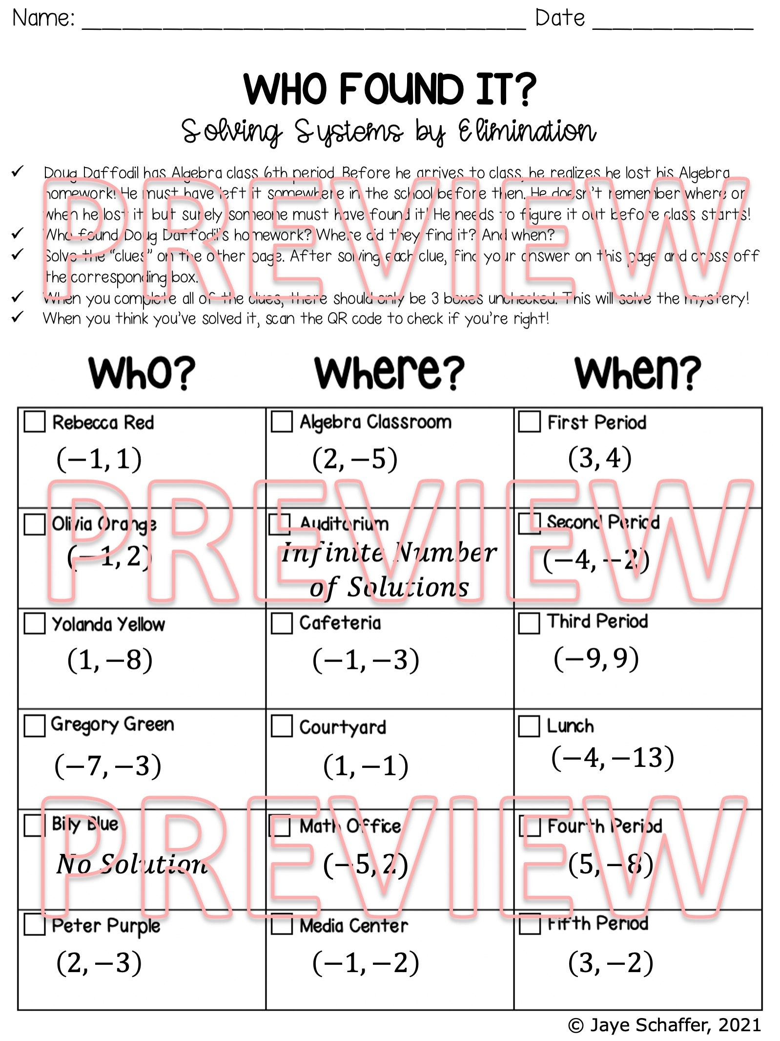 Solving Systems By Elimination Clue Mystery Activity Made By Teachers