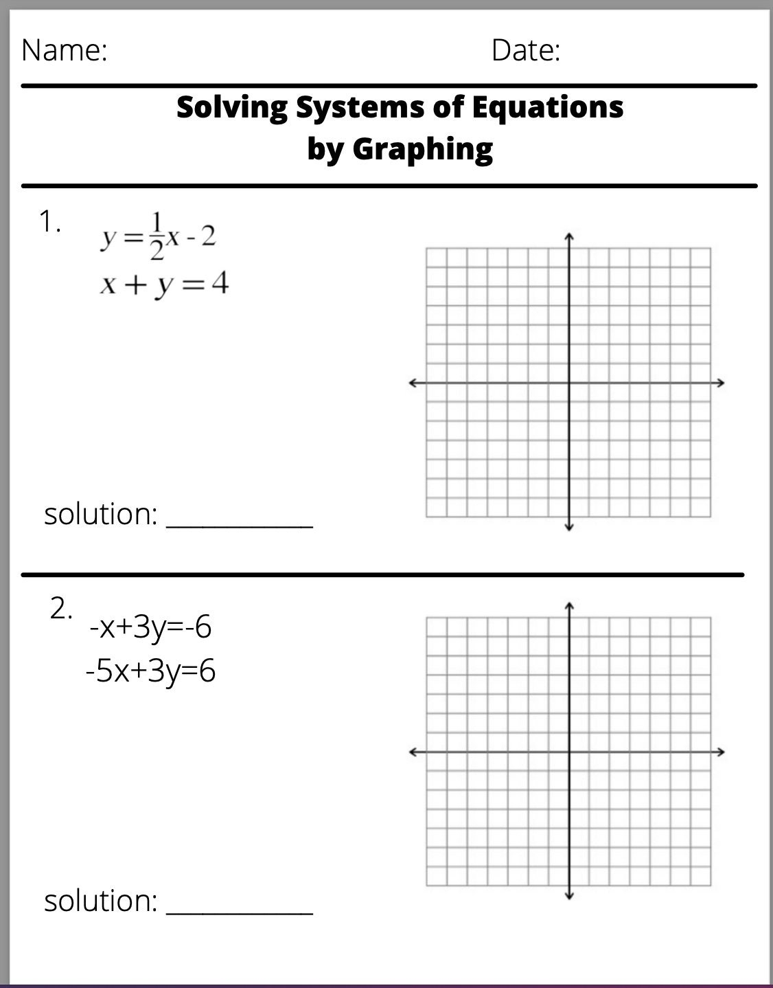 Solving Systems Of Equations By Graphing Worksheet Etsy Australia
