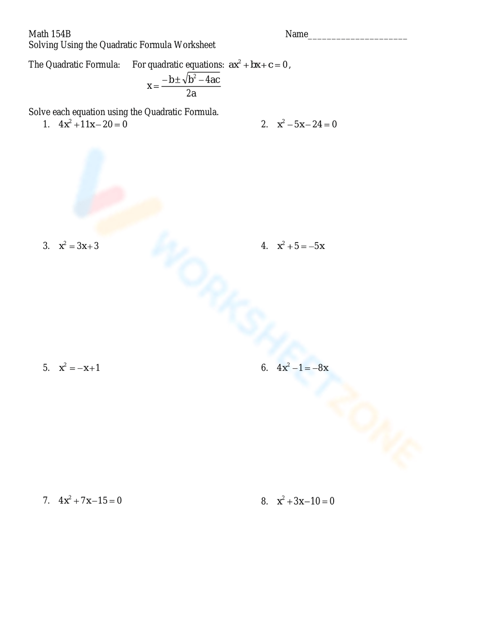 Solving With The Quadratic Formula Worksheet