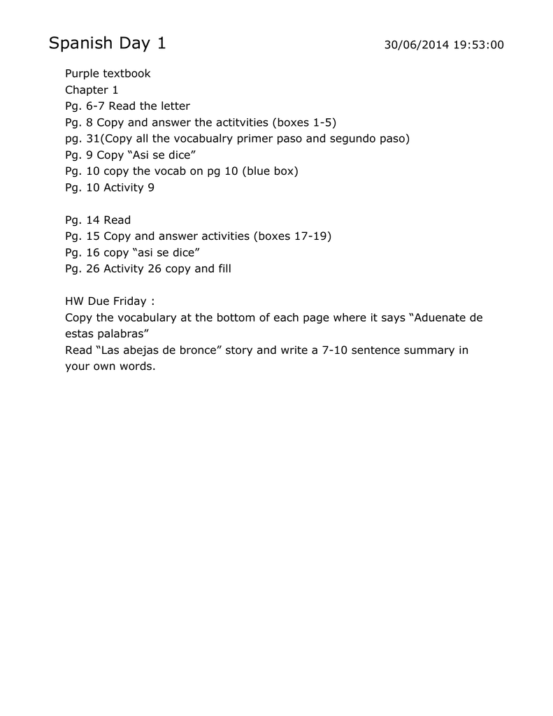 Spanish Course Assignments Textbook Activities