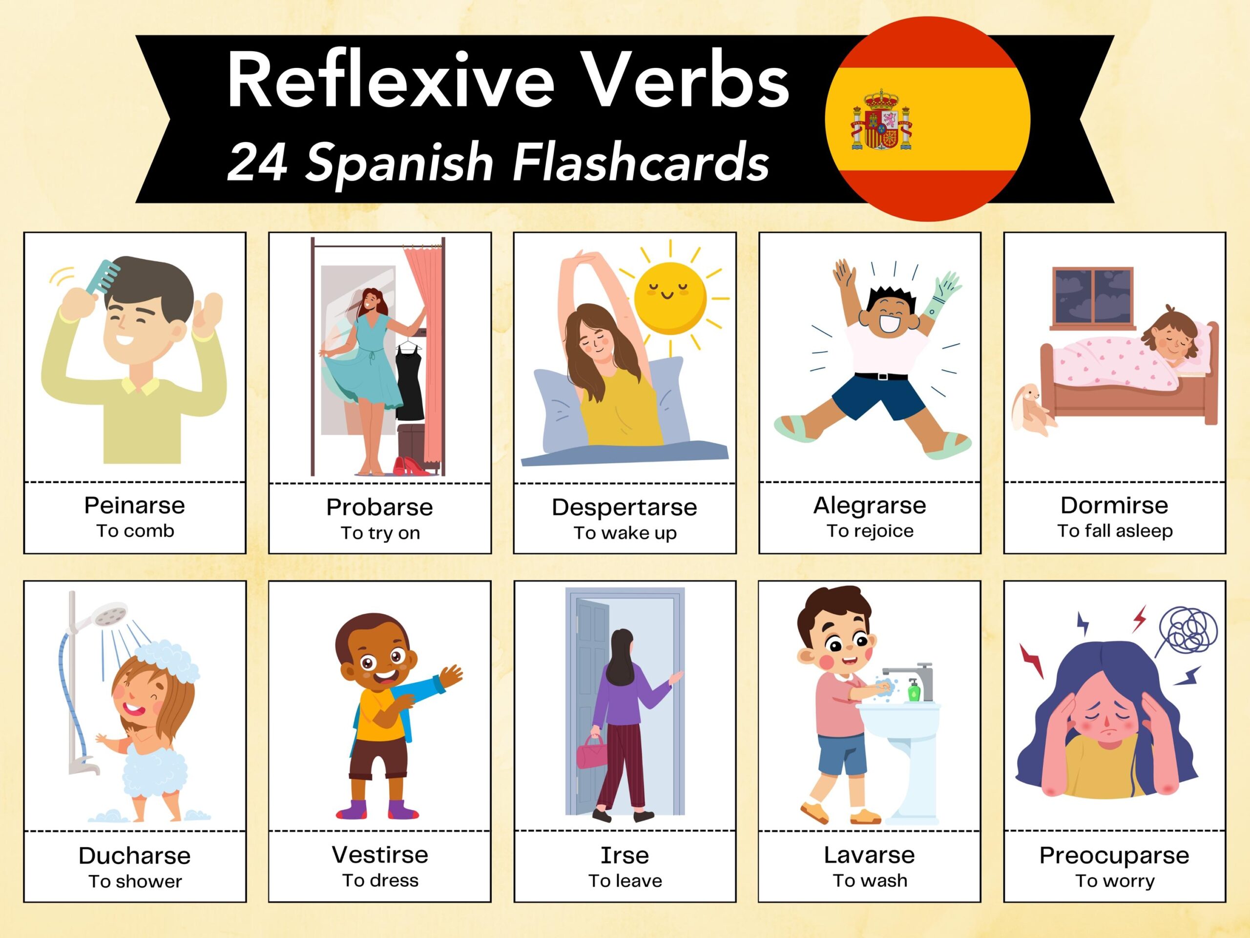 Spanish Reflexive Verb Flashcards Spanish Language Learning Vocab Bilingual Homeschooling Activity Verbos Espa ol US Letter A4 Etsy