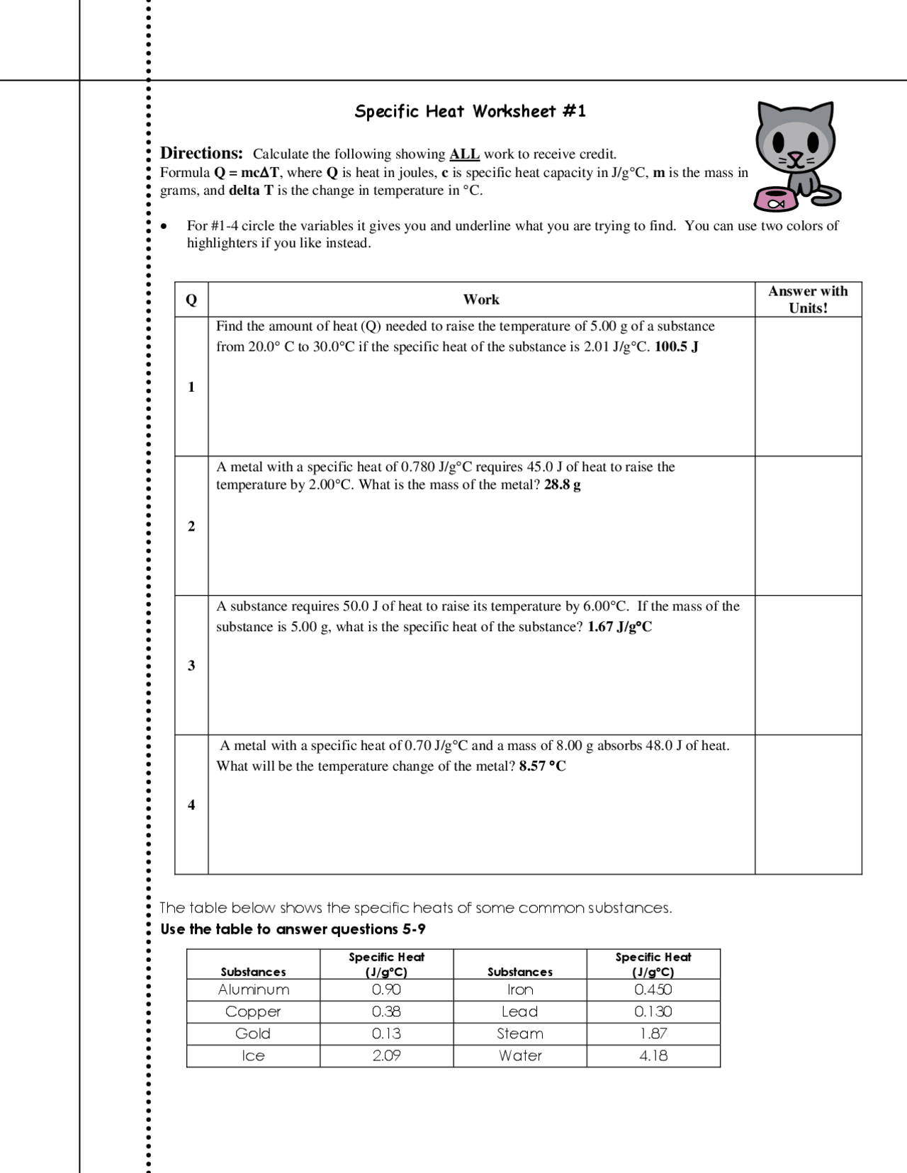 Specific Heat Worksheet 1 Exercises Thermodynamics Docsity