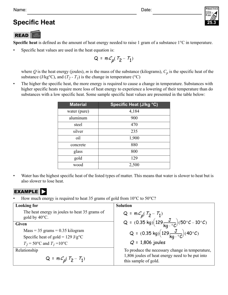 Specific Heat Worksheet Calculations Practice Problems