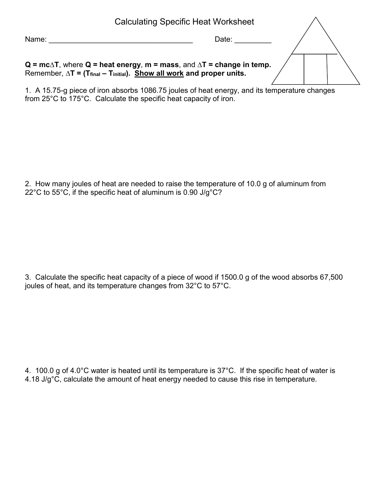 Specific Heat Worksheet Practice Problems