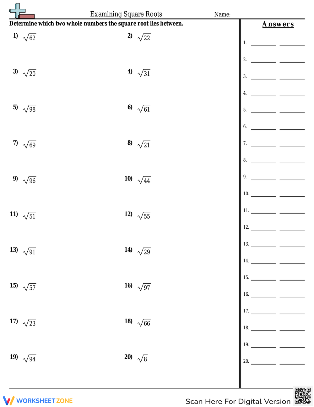 Square Roots Worksheets