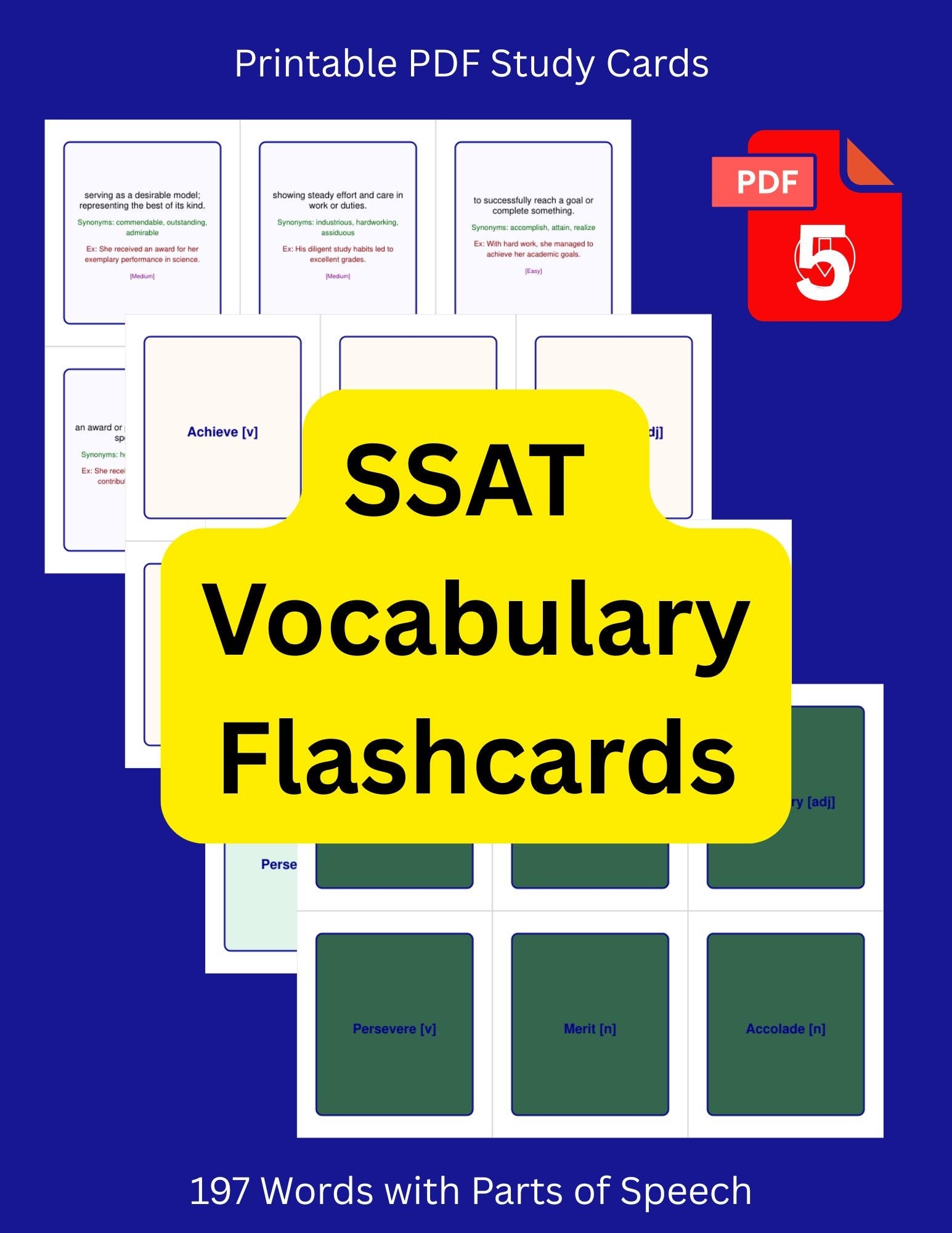 SSAT Prep Flashcards 197 Vocabulary Words For Middle School Etsy