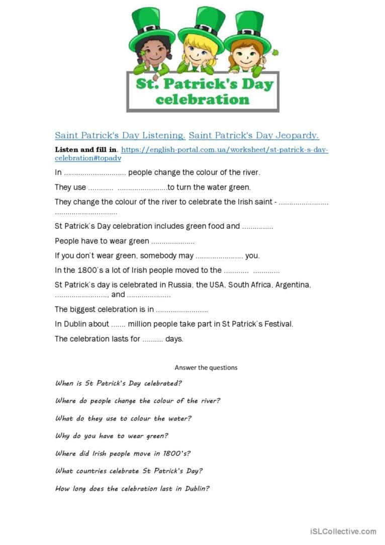 st patrick's day reading comprehension worksheets pdf