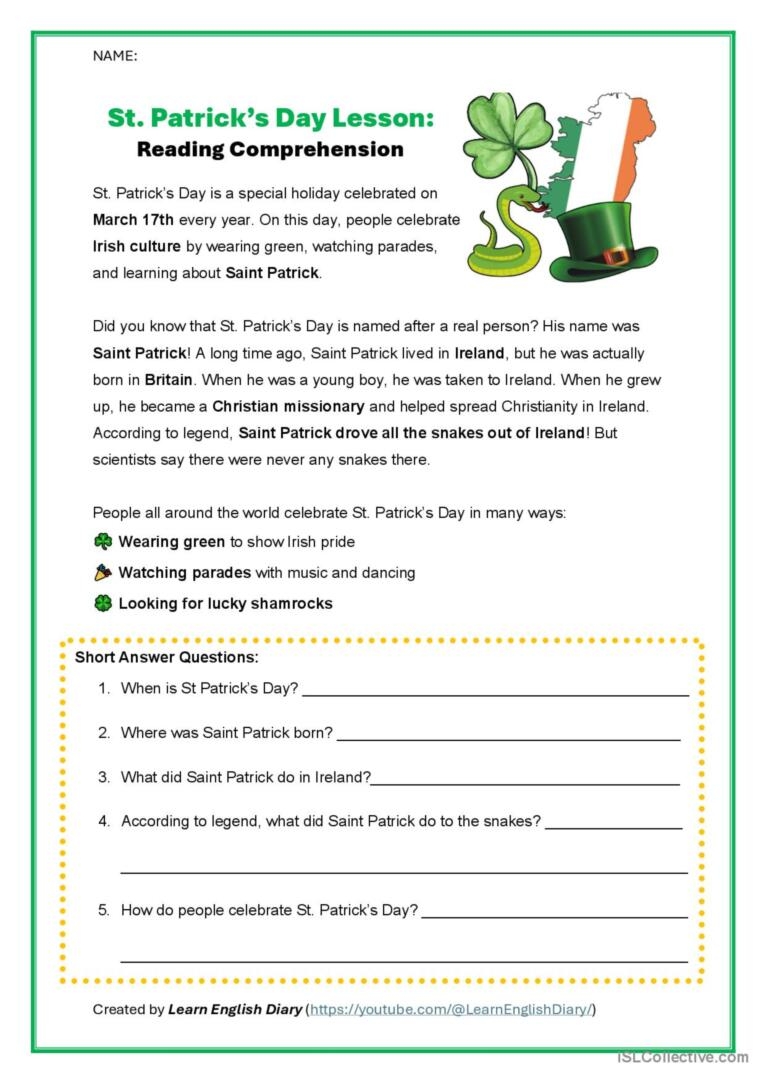 St Patrick s Day Simple Reading Comp English ESL Worksheets Pdf Doc