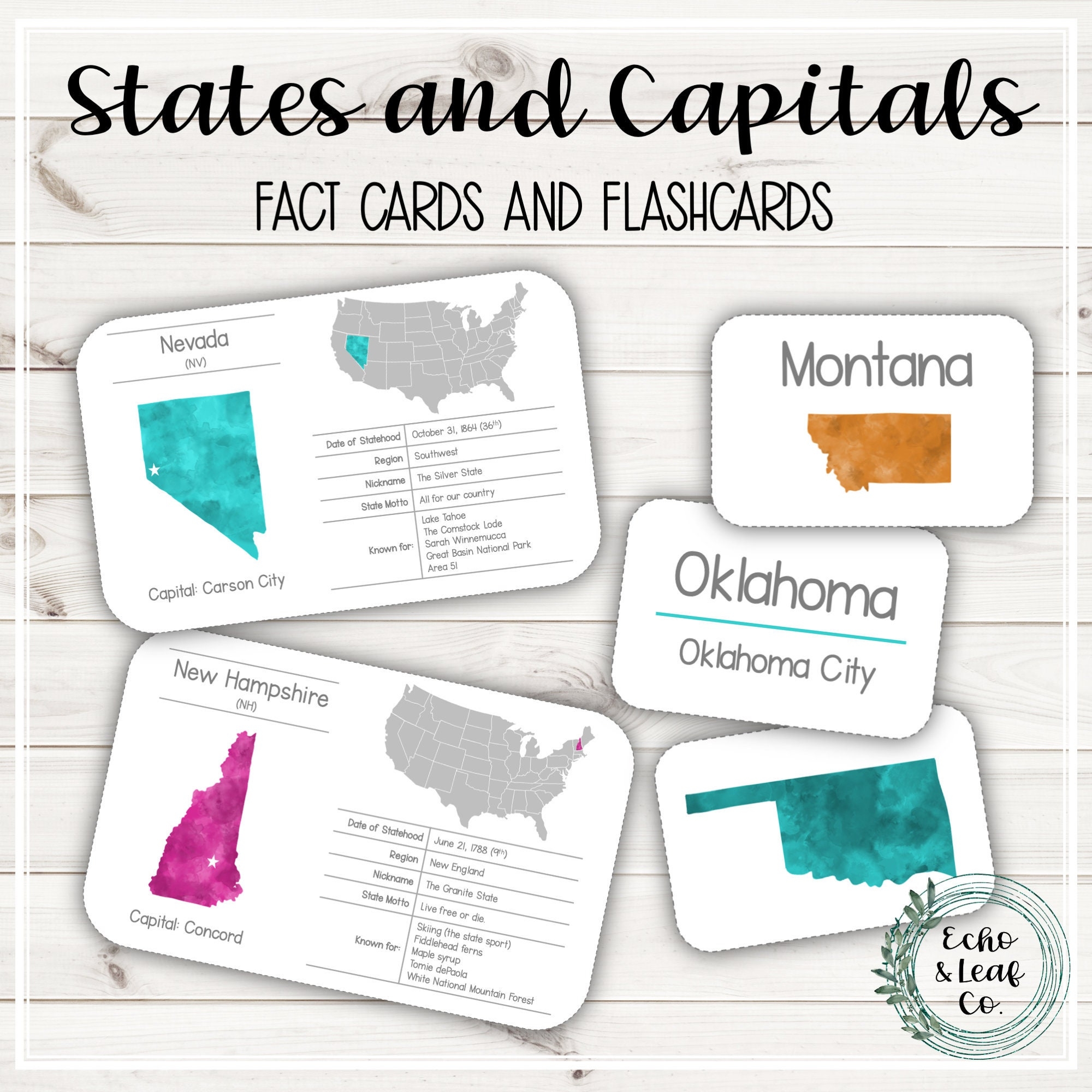 States And Capitals Fact Cards And Flashcards Etsy