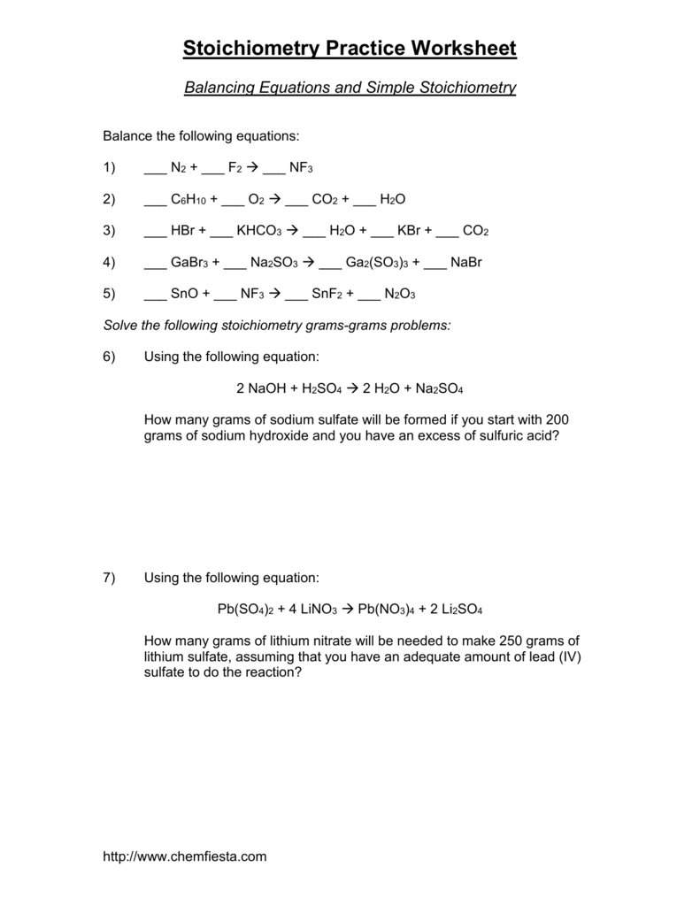 Stoichiometry Practice Worksheet Balancing Grams Problems