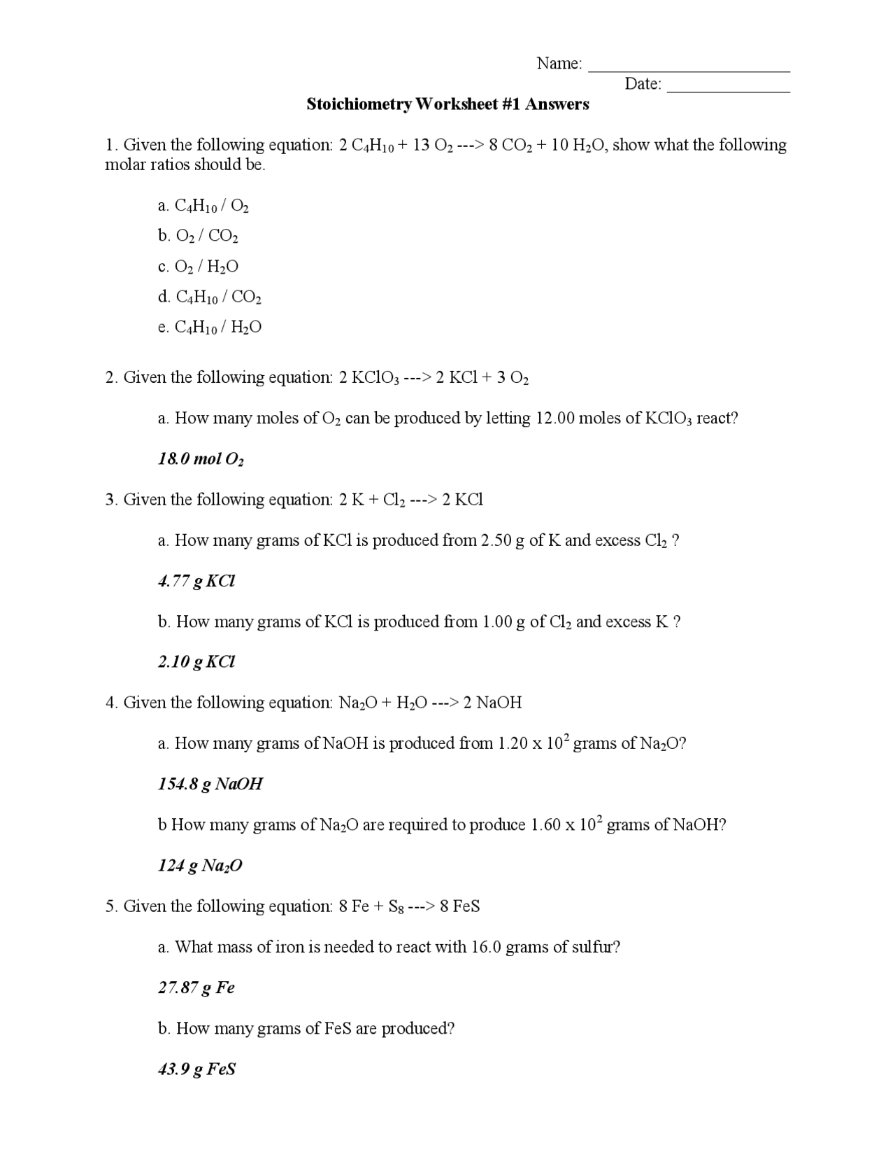 Stoichiometry Worksheet 1 Answers Lecture Notes Stoichiometry Docsity Stoichiometry Worksheet 1 Answers Lecture Notes Stoichiometry Docsity