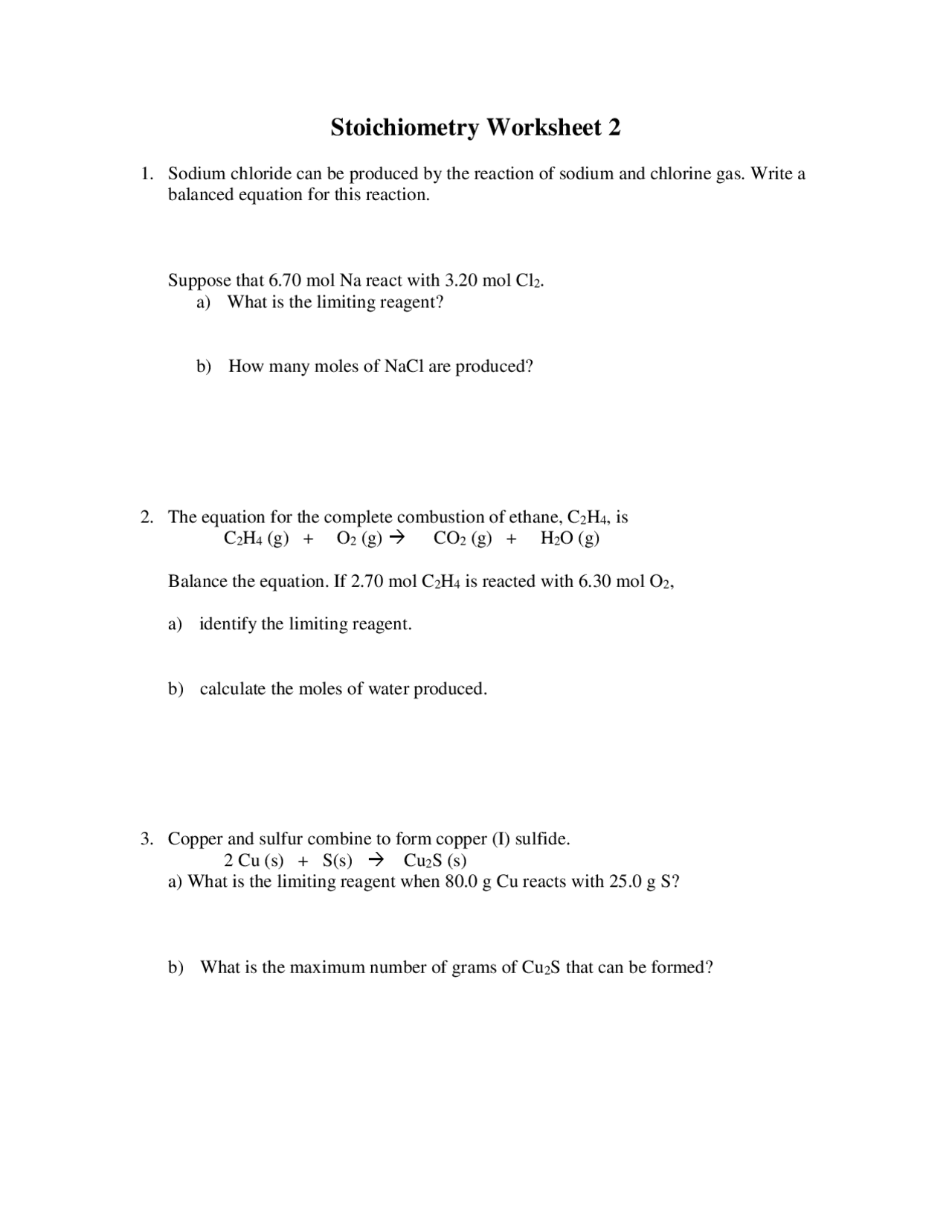 Stoichiometry Worksheet 2 Practice Problems Exercises Chemistry Docsity