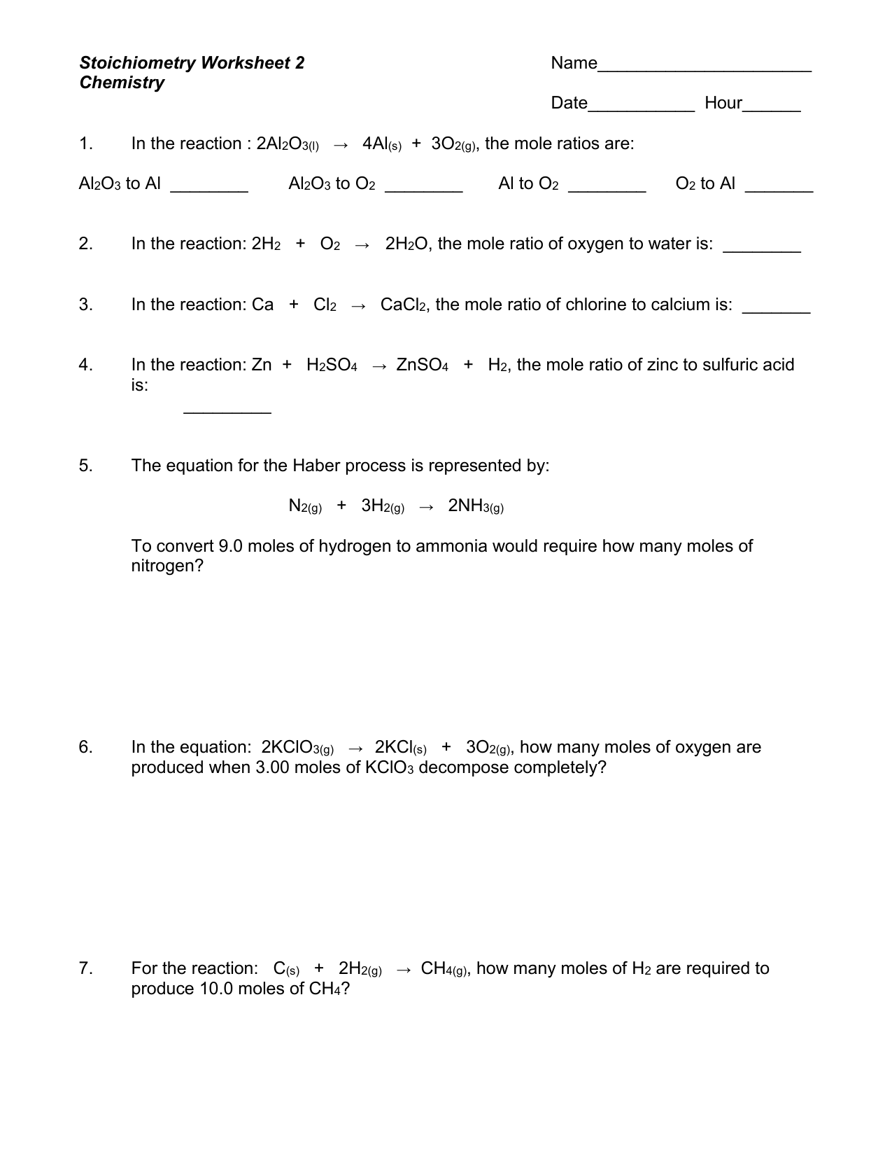 Stoichiometry Worksheet 2