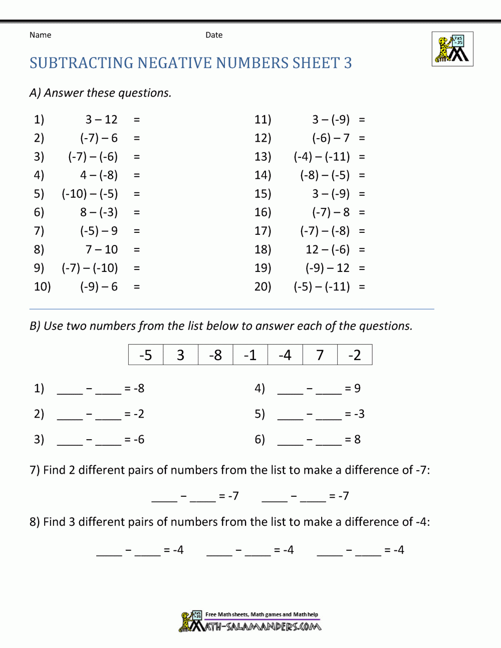 subtracting integers worksheet