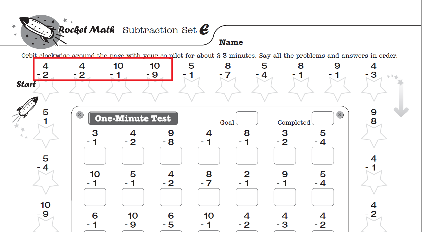 Subtraction 0 Through 9s Learning Track Rocket Math