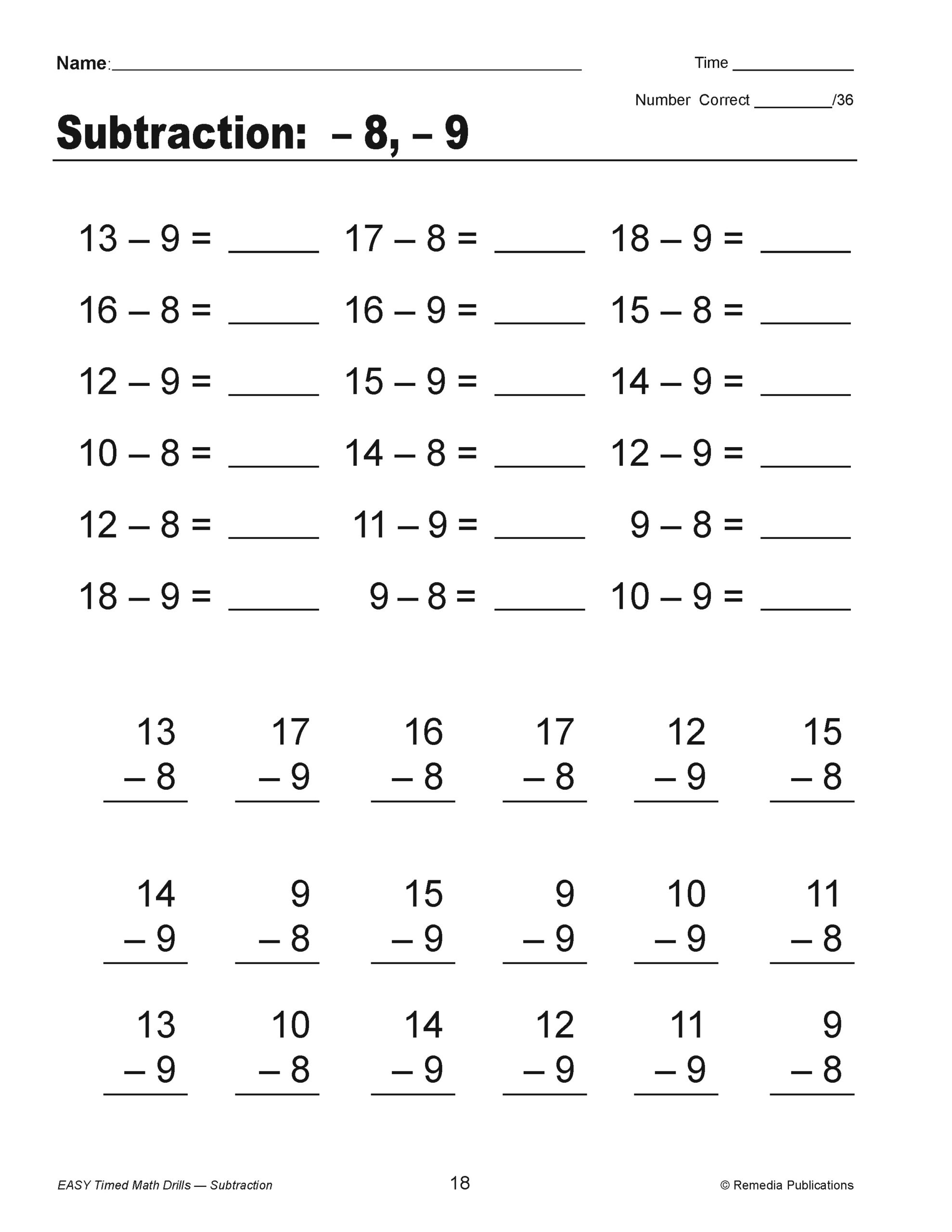 Subtraction Easy Timed Math Drills Made By Teachers