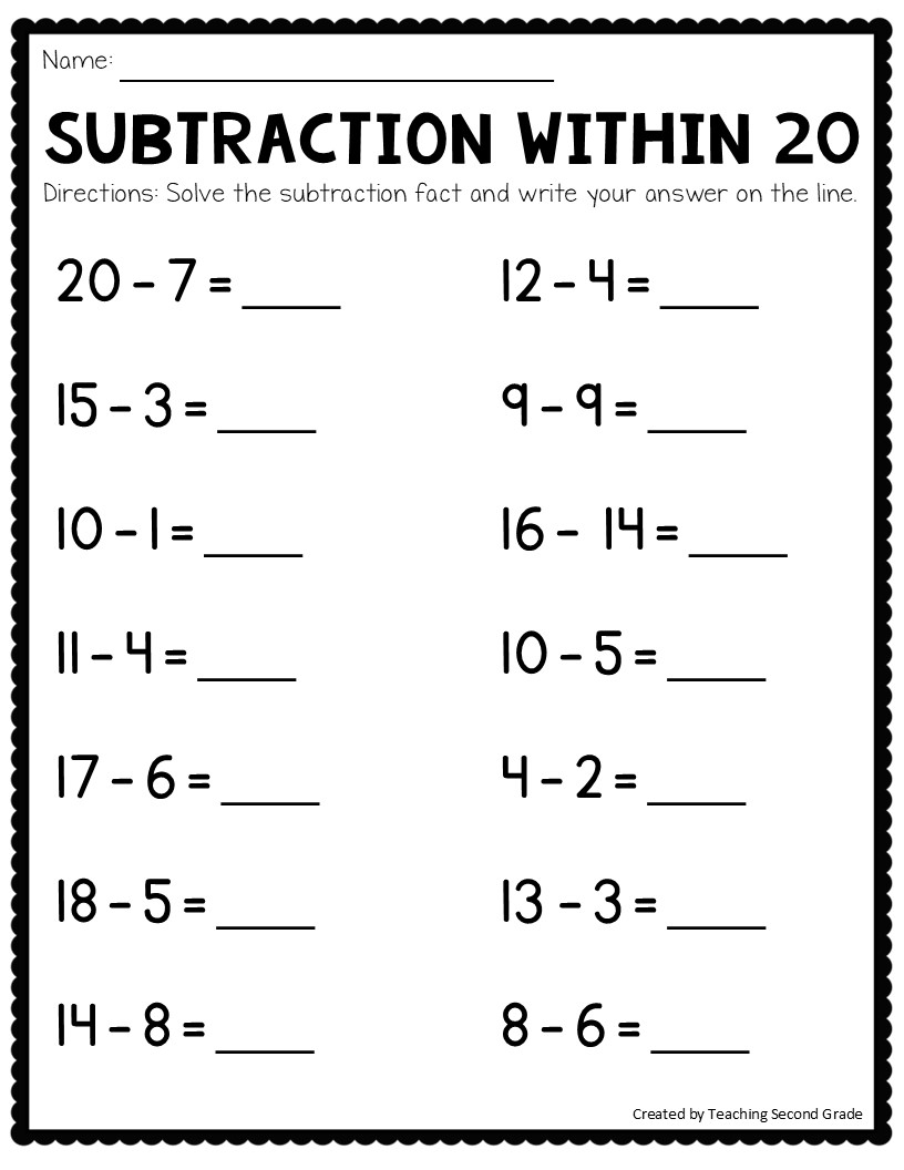 Subtraction Facts To 20 Worksheets No Prep Math Worksheets For 1st 2nd Grade Teaching Ideas Made Easy