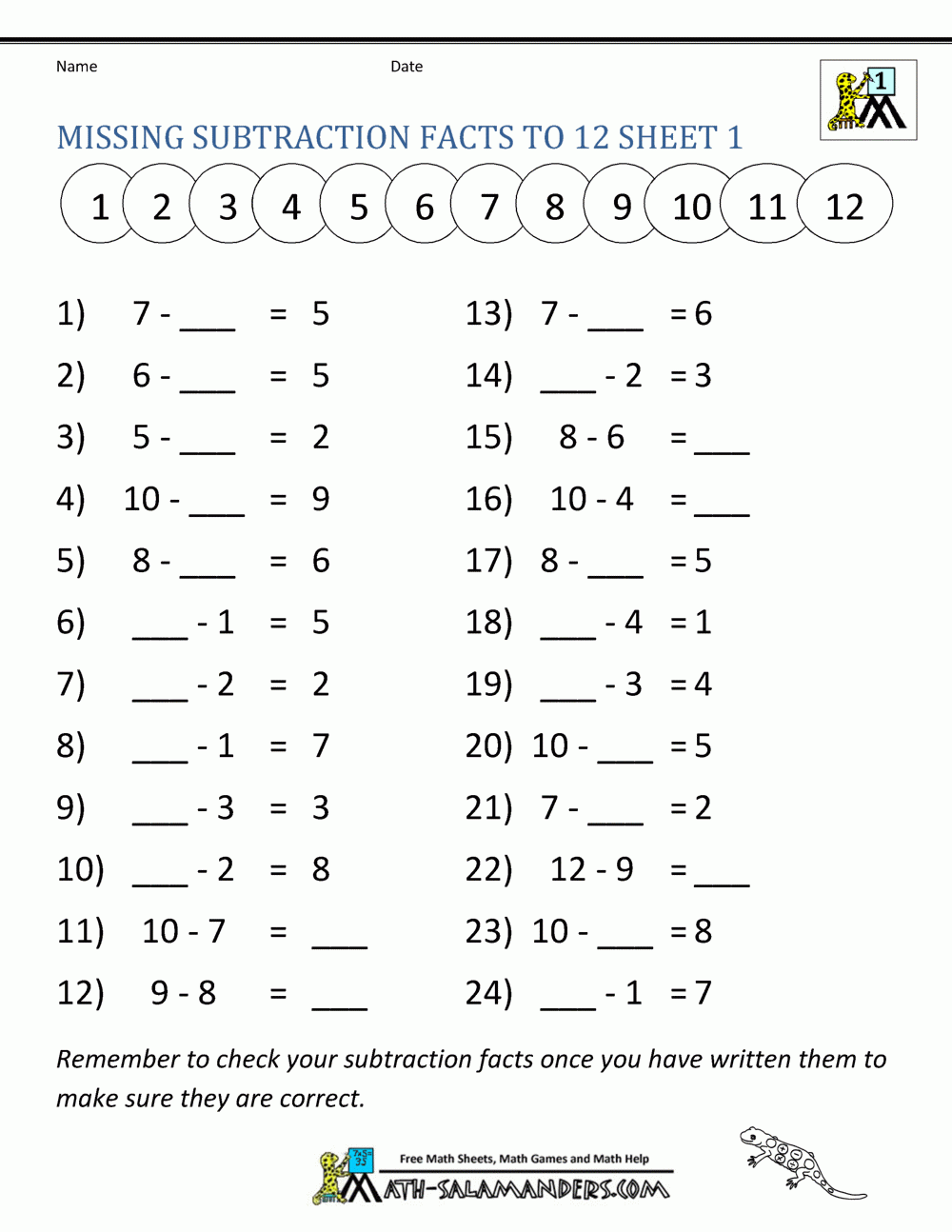 Subtraction Facts Worksheets 1st Grade