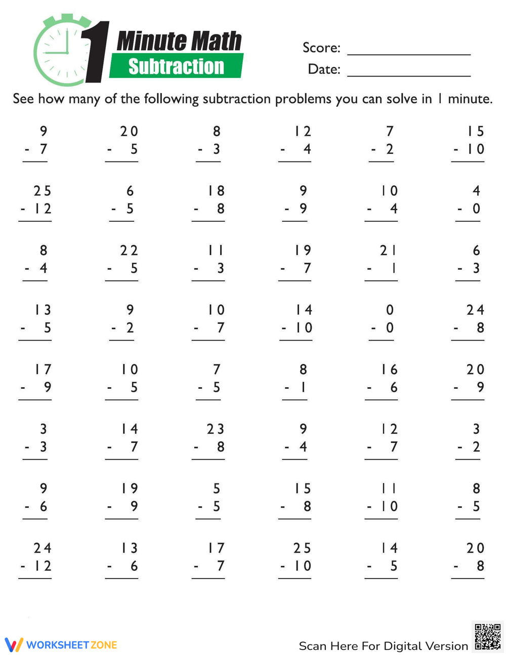 Subtraction Mad Minute Math Fun Worksheet Subtraction Mad Minute Math Fun Worksheet