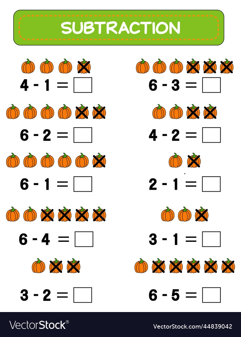 Subtraction Math Worksheet For Kids Developing Vector Image