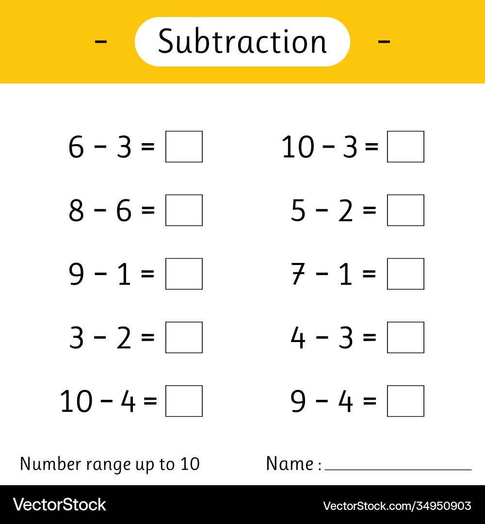 Subtraction Number Range Up To 10 Math Worksheet Vector Image