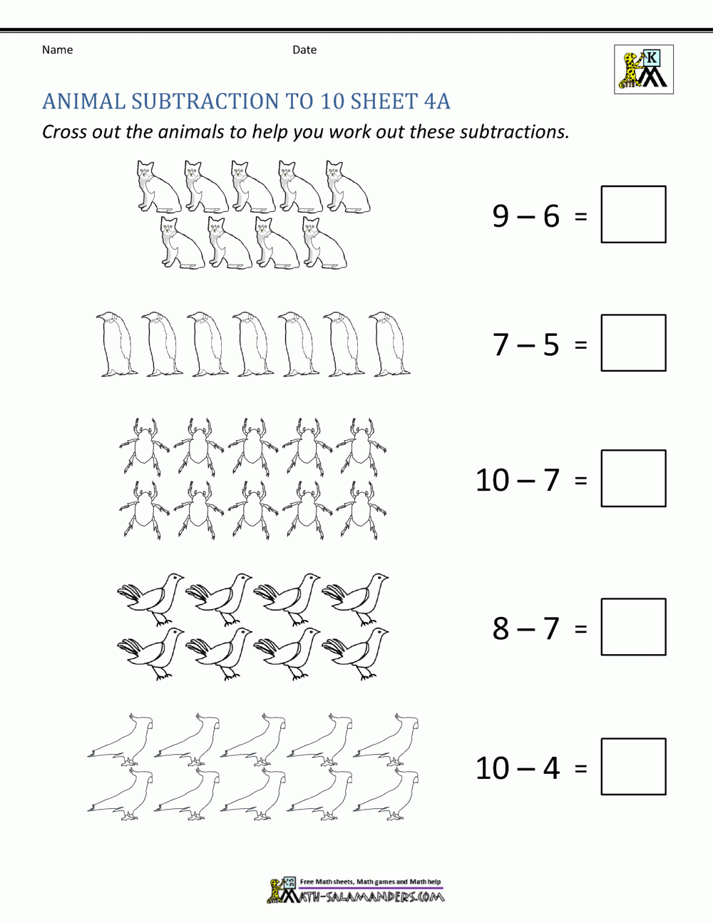 Subtraction To 10 Worksheets