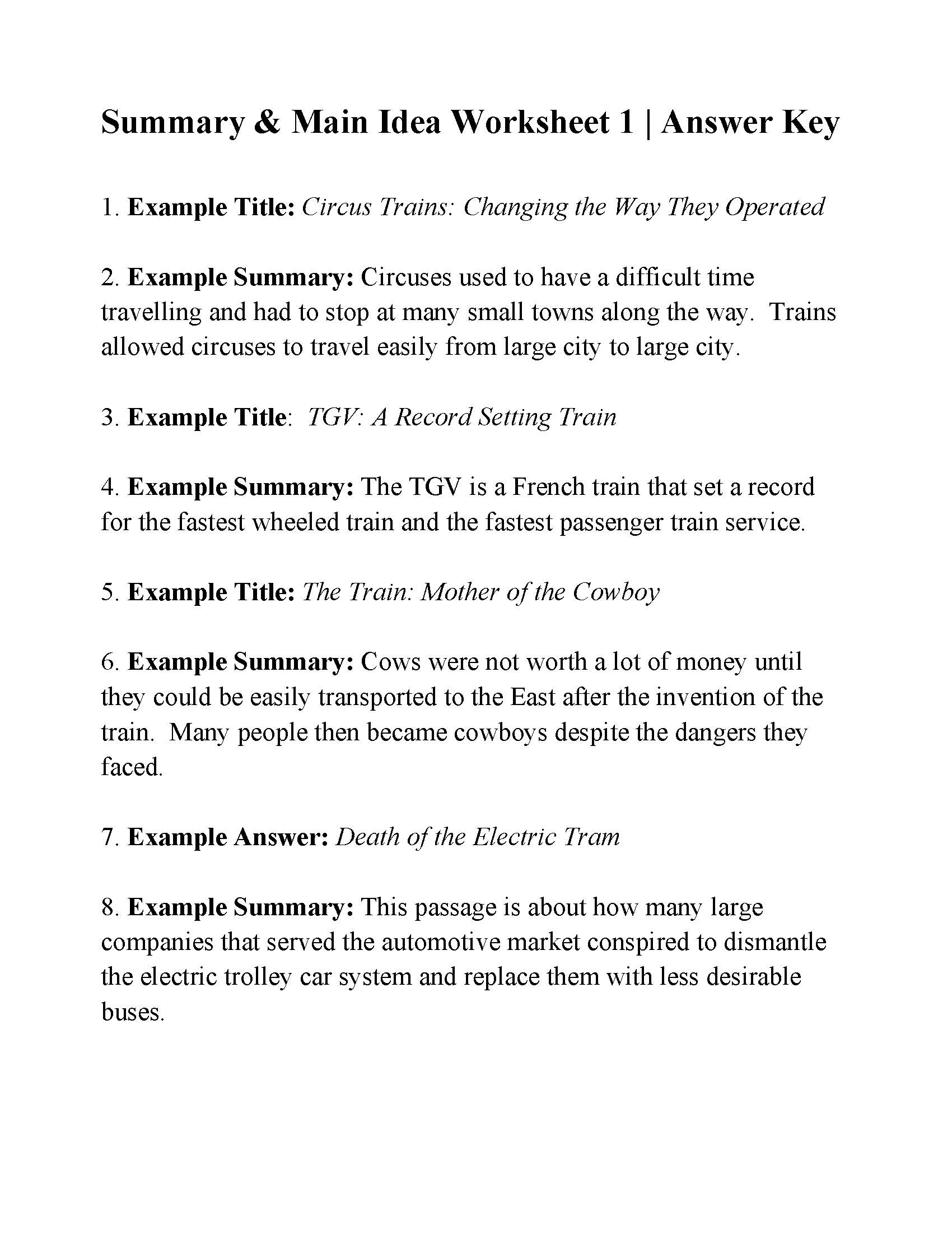 Summarizing Worksheet 1 Reading Activity