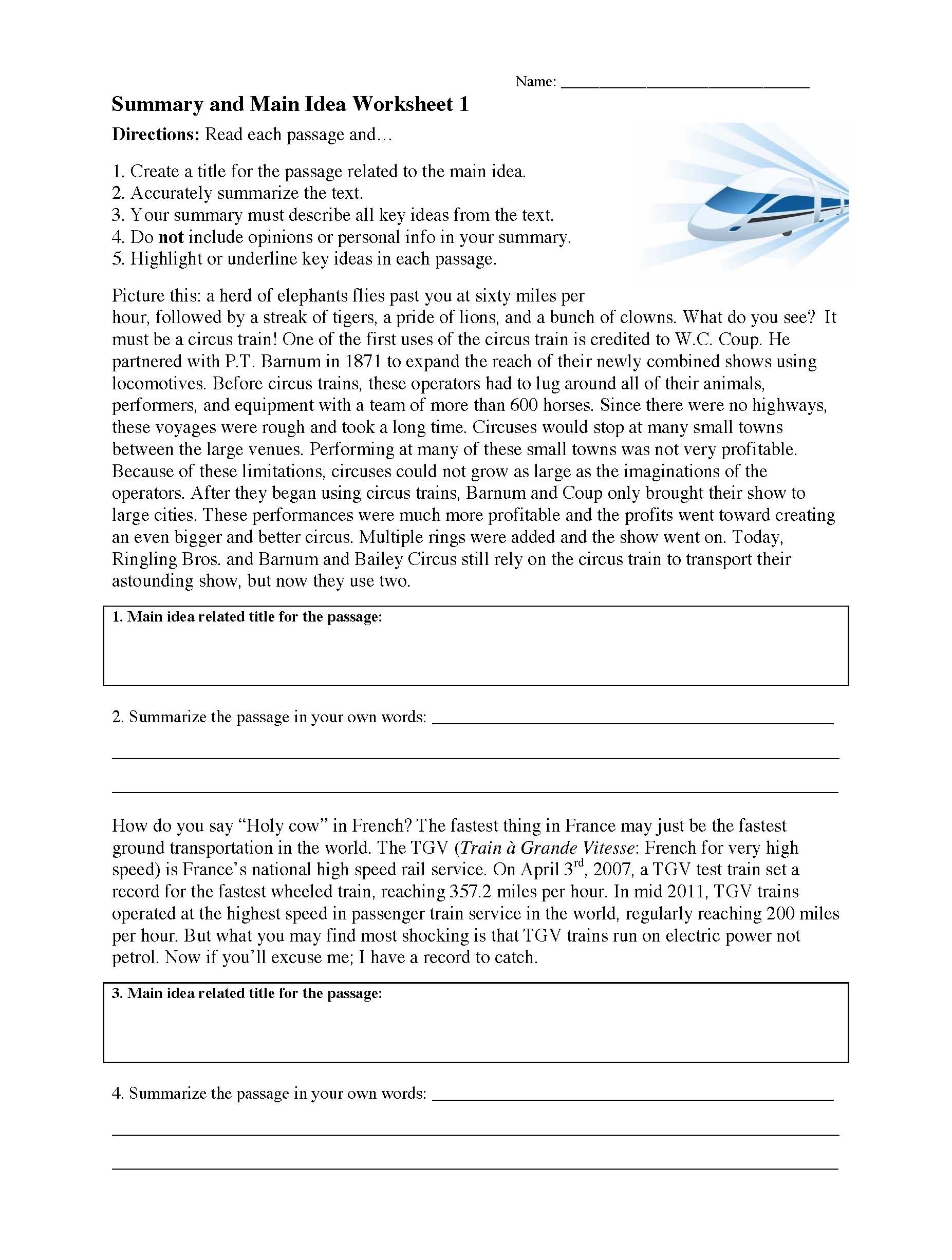 reading and summarizing worksheets