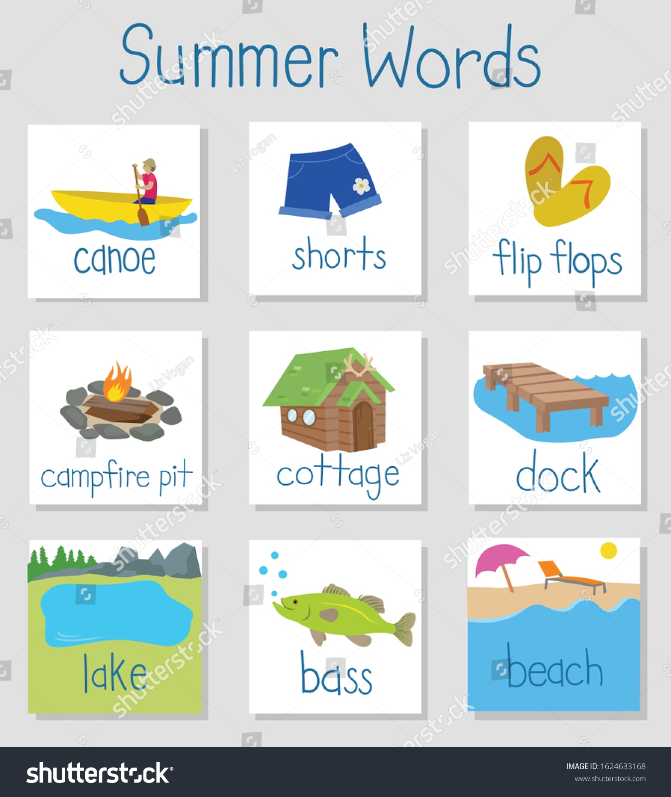 Summer English Vocabulary Word Flash Cards Stock Vector Royalty Free 1624633168 Shutterstock