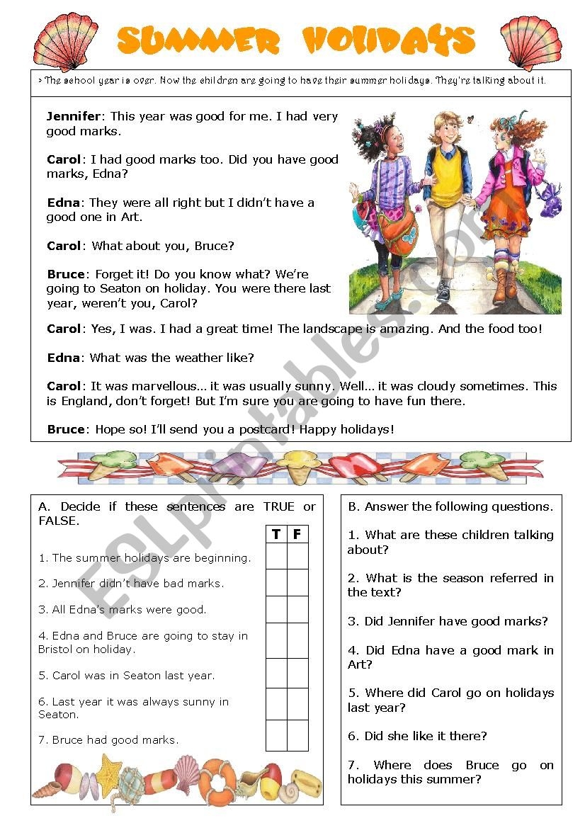 Summer Holidays reading Comprehension ESL Worksheet By Sarasantos Worksheets Library