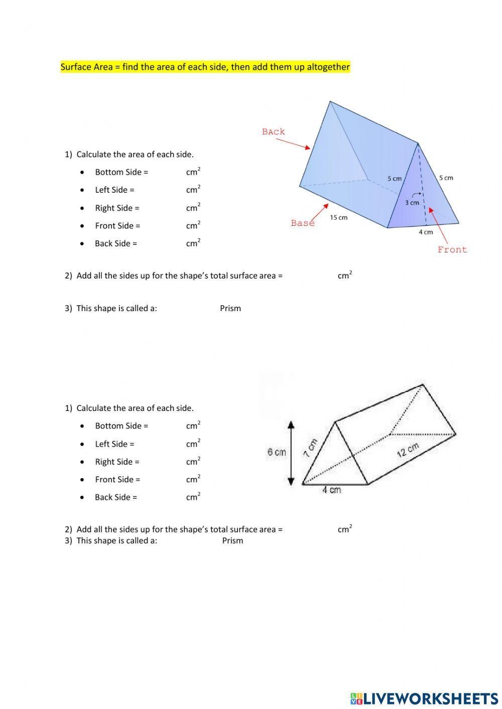 surface area of a triangular prism worksheet
