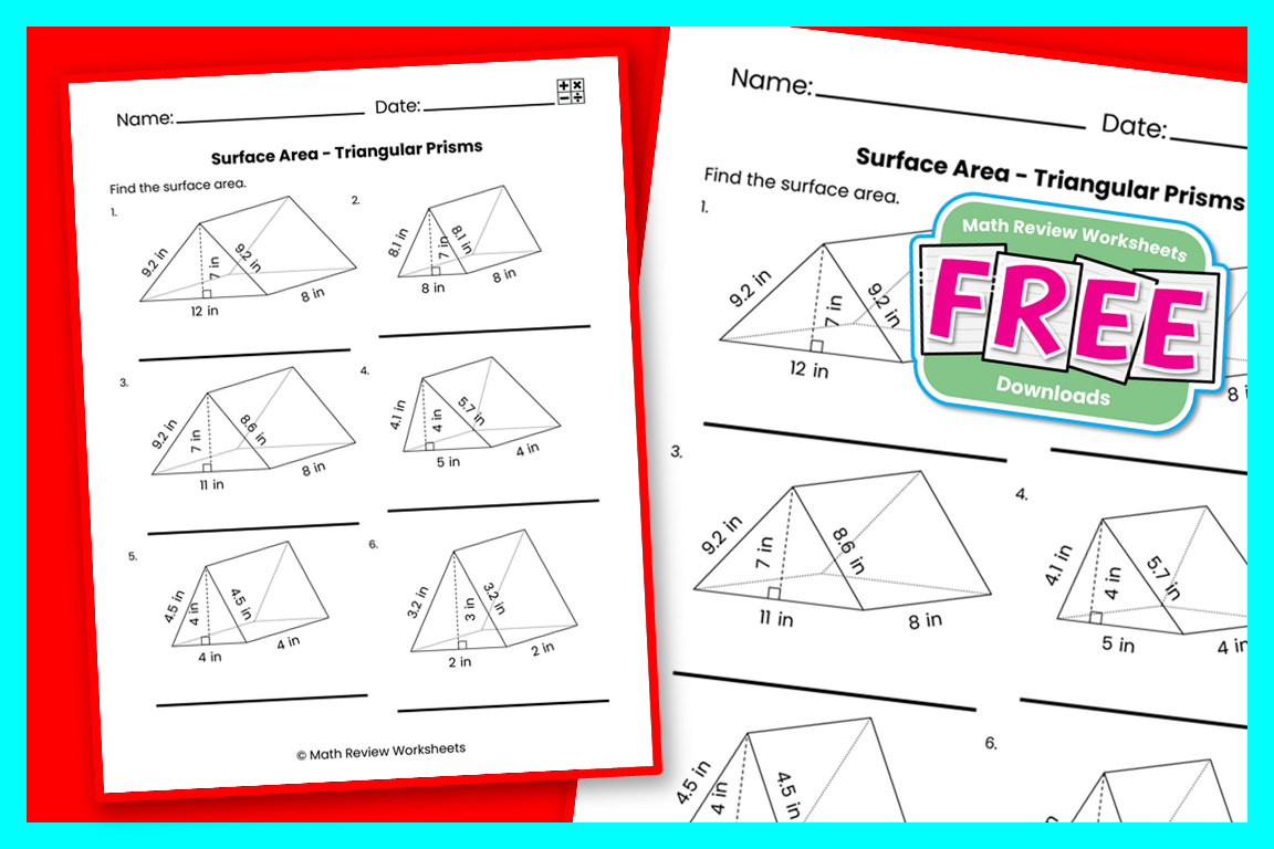 Surface Area Triangular Prisms Inches Math Review Worksheets