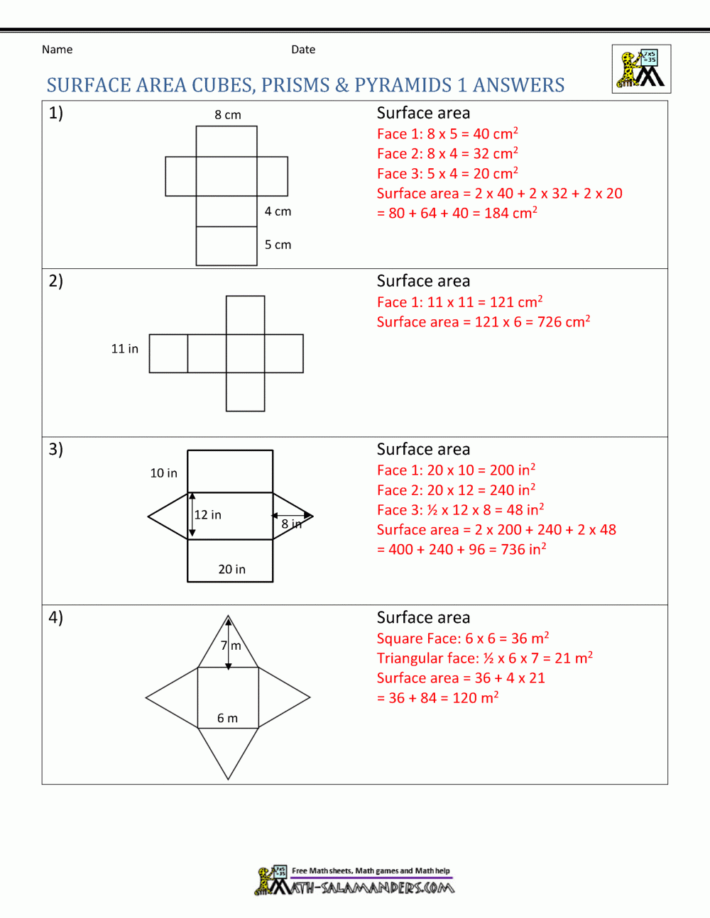 Surface Area Worksheet 6th Grade
