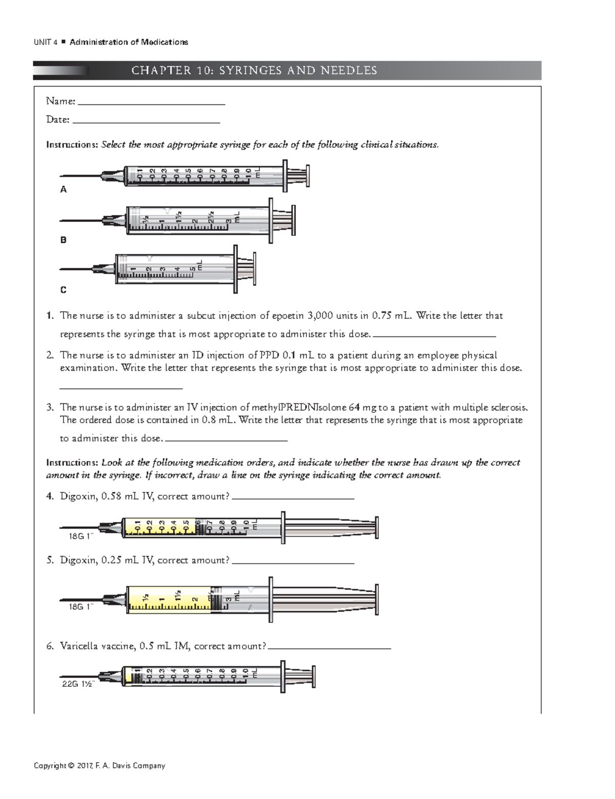 Syringe And Needles Practice Worksheet UNIT 4 Administration Of Medications CHAPTER 10 SYRINGES Studocu