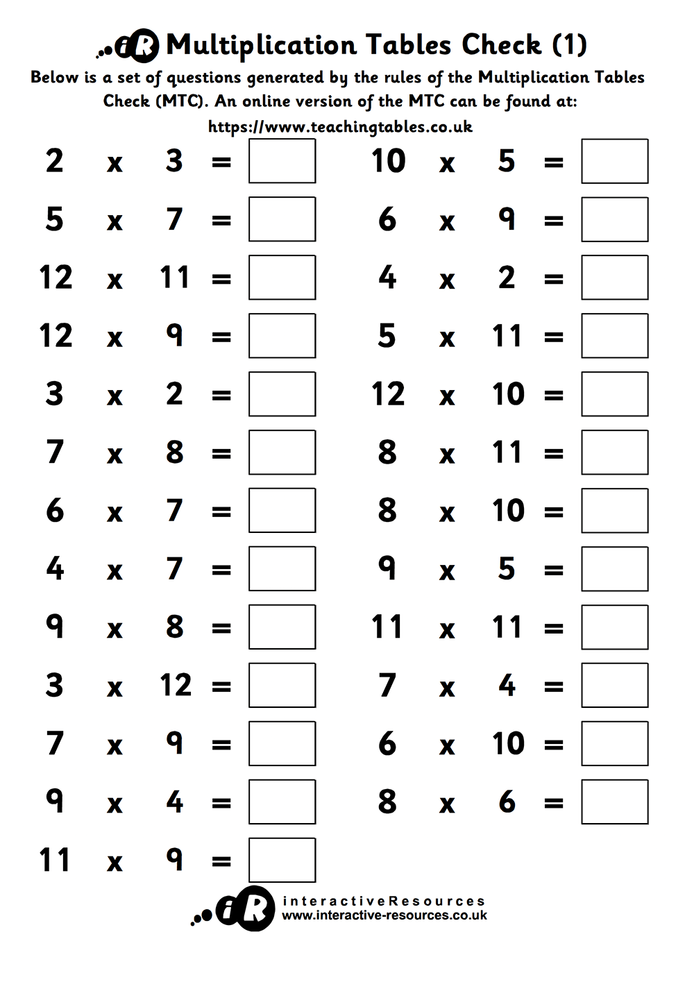 Teaching Tables Free Times Tables Worksheets