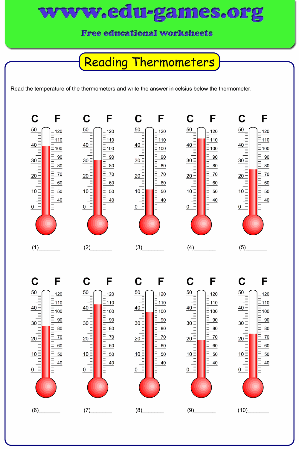 Temperature Worksheets Reading A Thermometer Fahrenheit Worksheets Library