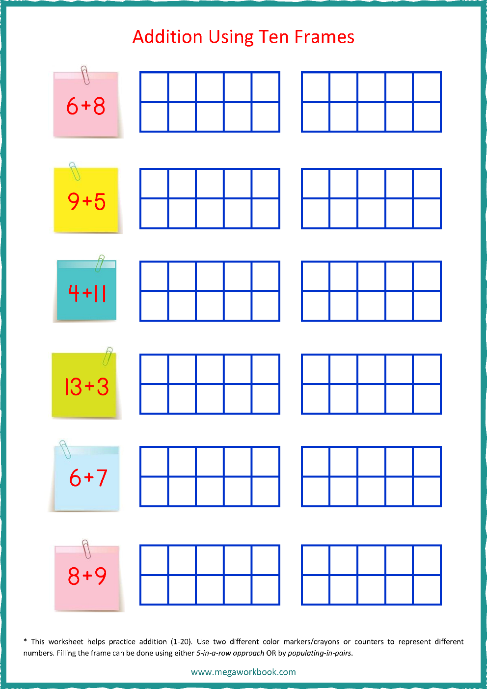 Ten Frame Worksheets Ten Frames 10 Frames Counting Addition Subtraction Even Odd Number Relationships Etc MegaWorkbook