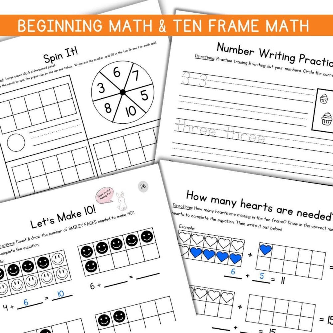 Ten Frames Kindergarten Math Worksheet Set 50 Pages For Beginning Addition Subtraction Number Correspondence Etsy