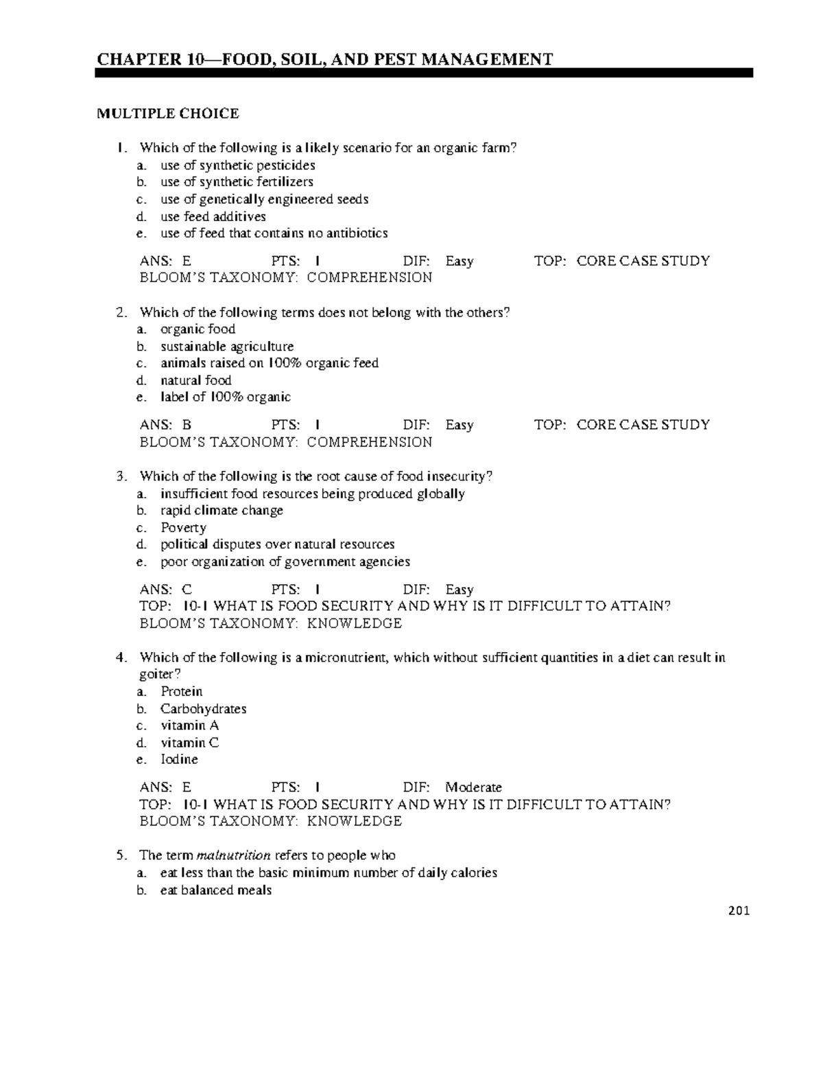 Test Bank Final CHAPTER 10 FOOD SOIL AND PEST MANAGEMENT MULTIPLE CHOICE Which Of The Following Studocu