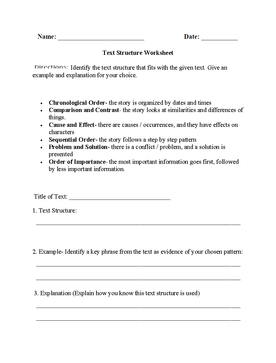 Text Structure Worksheets Text Structure Worksheet