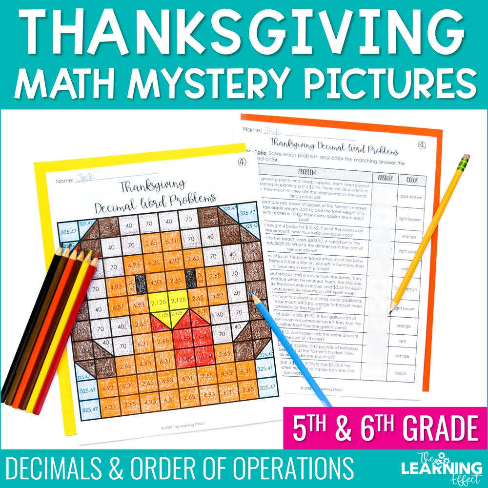 Thanksgiving Math Activities Mystery Picture Worksheets Decimals