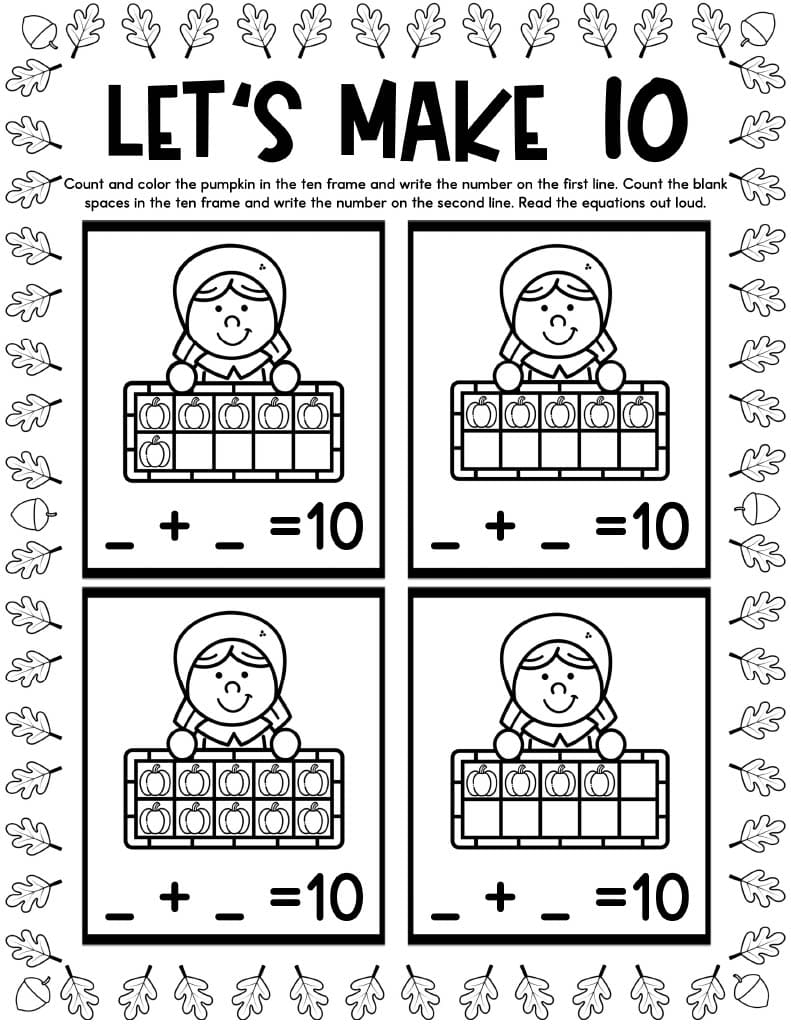 Thanksgiving Ten Frames Worksheets Kids Activity Zone