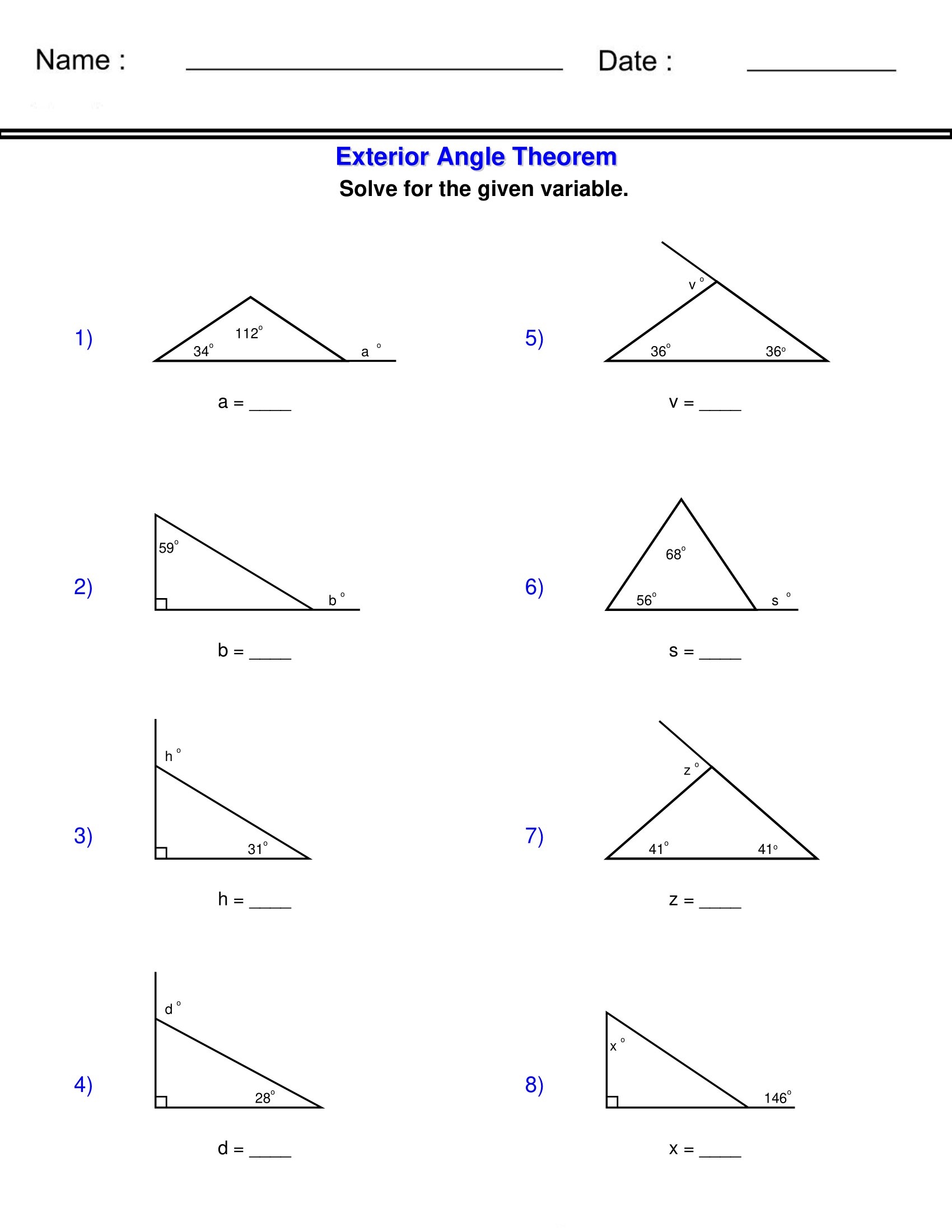 The Exterior Angle Theorem Triangle Worksheets Made By Teachers