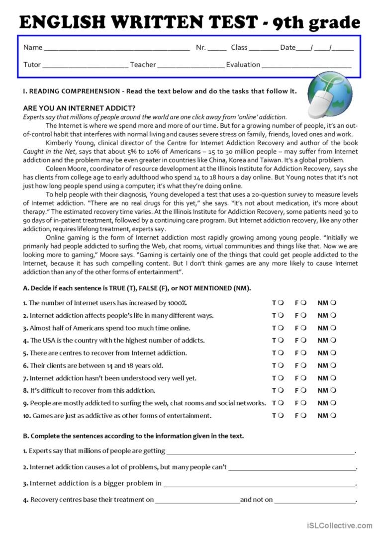 The Internet Test 9th Grade English ESL Worksheets Pdf amp Doc Worksheets Library